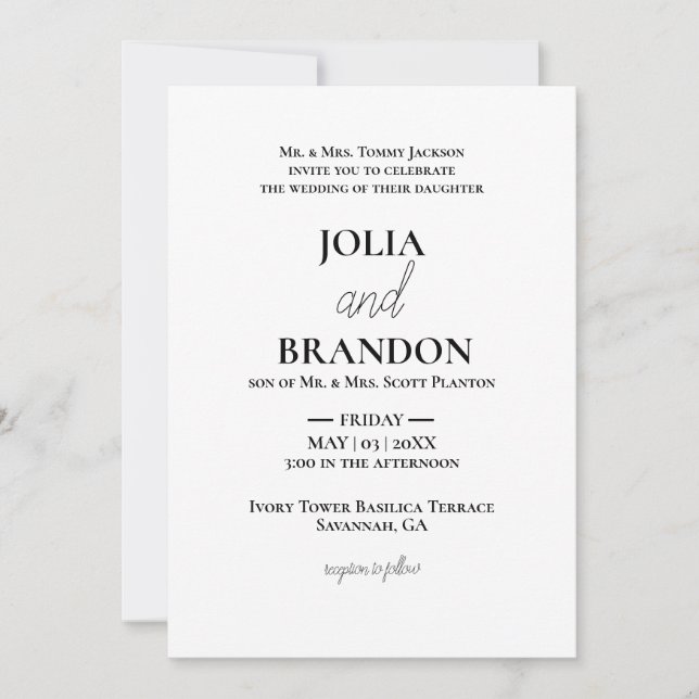 Invitación Clásico formal Boda mínimo blanco y negro (Anverso)