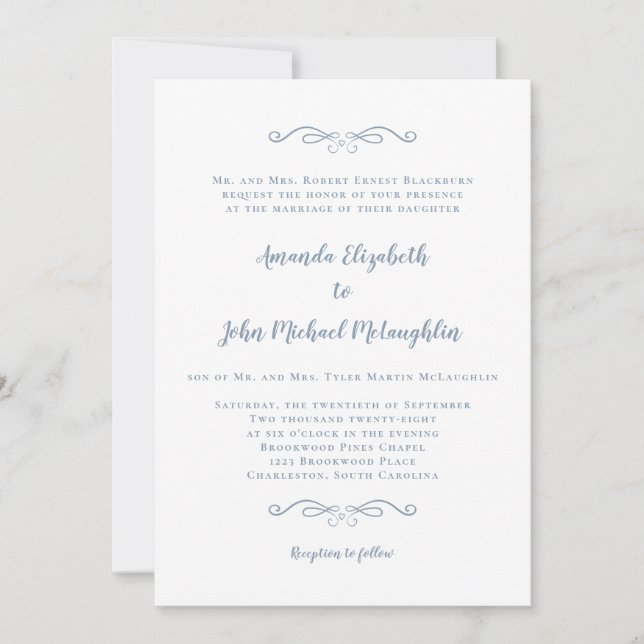 Invitación Clásico Formal Elegante Azul Polvo Script Boda (Anverso)
