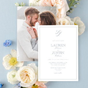 Invitación Clásico Foto Boda Monograma Script Azul Polvo Clás