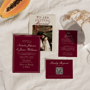Invitación Clásico Foto de Boda de Dinero Antiguo Rojo Profun