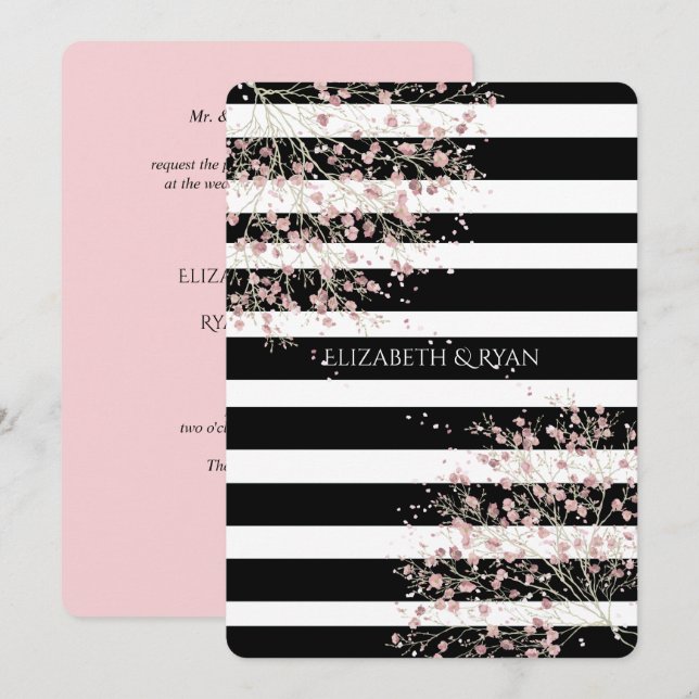Invitación Clásico, franjas negras y blancas, flores de cerez (Anverso / Reverso)