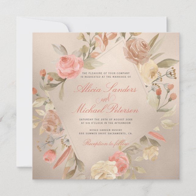 Invitación Clásico Glam Peach Cream Coral Gold Boda (Anverso)