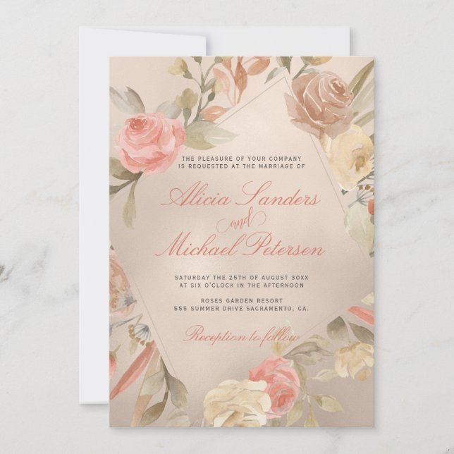 Invitación Clásico Glam Peach Cream Coral Gold Boda (Anverso)