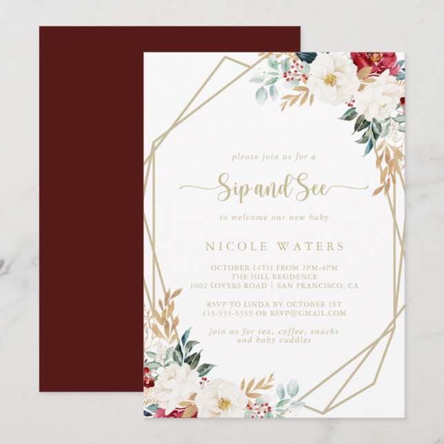 Invitación Clásico Gold Burgundy White Floral Sip and See (Anverso / Reverso)