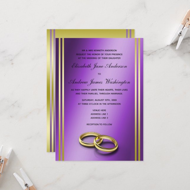Invitación Clásico Gold & Purple, Boda de anillos Bodas (Anverso/Reverso In Situ)