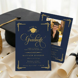 Invitación Clásico Graduación Azul Marino Dorado
