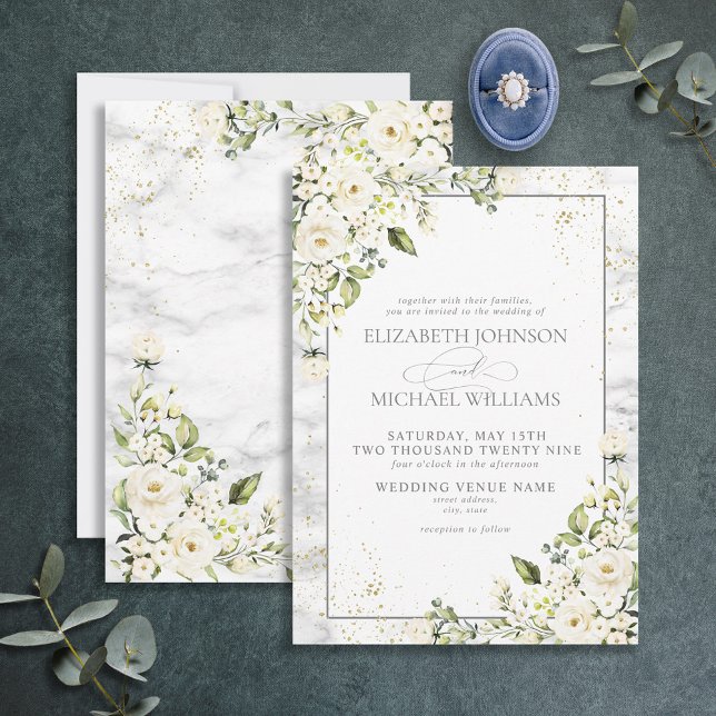 Invitación Clásico Gris Blanco Floral Dorada Boda de Mármol (Subido por el creador)