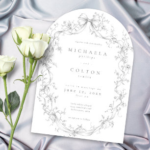 Invitación Clásico Gris Negro Floral Corona Boda Vintage