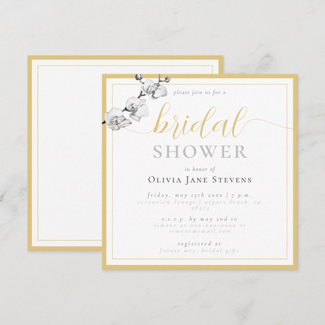 Invitación Clásico guión dorado Orquídeas blancas ducha de no (Anverso / Reverso)