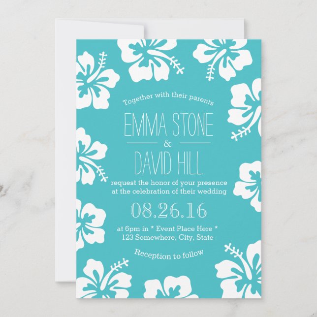 Invitación Clásico Hibiscus Flowers Turquoise Boda (Anverso)