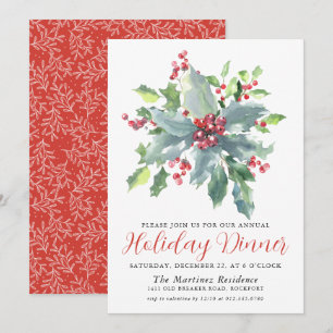 Invitación Clásico Holly Berry Greenery Holiday Dinner