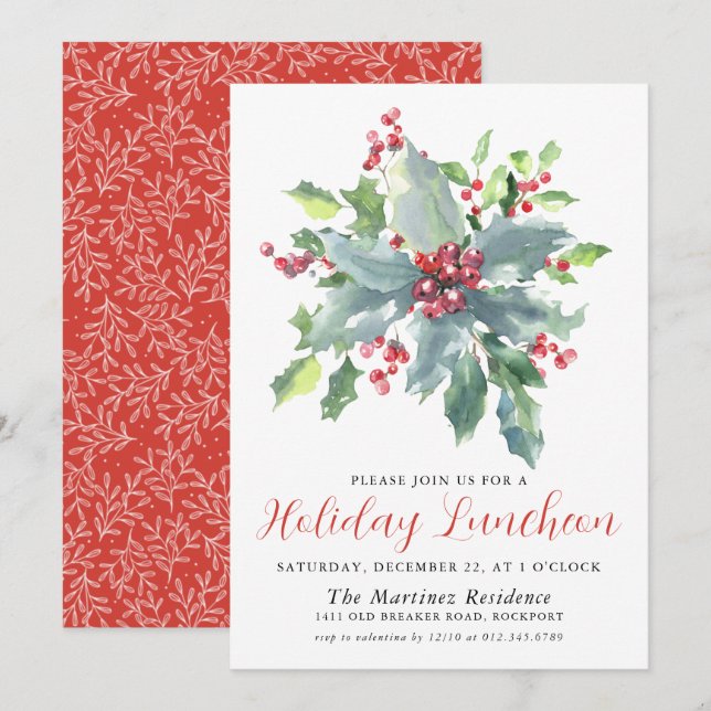 Invitación Clásico Holly Berry Greenery Holiday Luncheon (Anverso / Reverso)