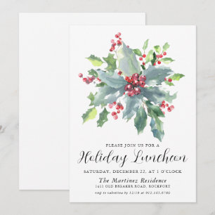 Invitación Clásico Holly Berry Greenery Holiday Luncheon