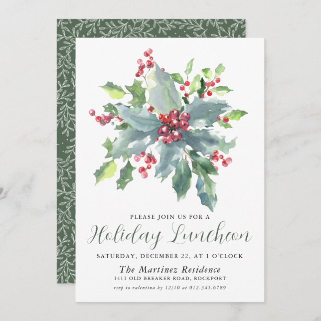 Invitación Clásico Holly Berry Greenery Holiday Luncheon (Anverso / Reverso)