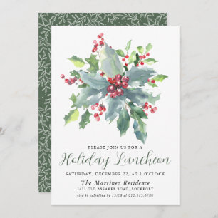 Invitación Clásico Holly Berry Greenery Holiday Luncheon