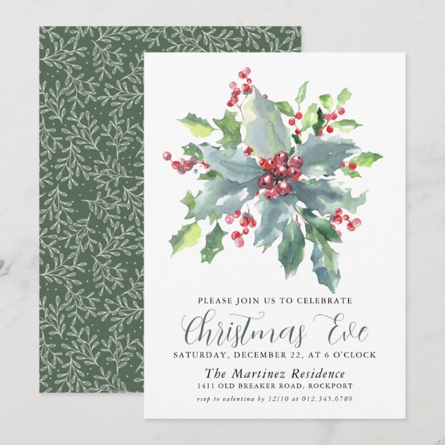 Invitación Clásico Holly Berry Greenery Navidades Eve Fiesta (Anverso / Reverso)