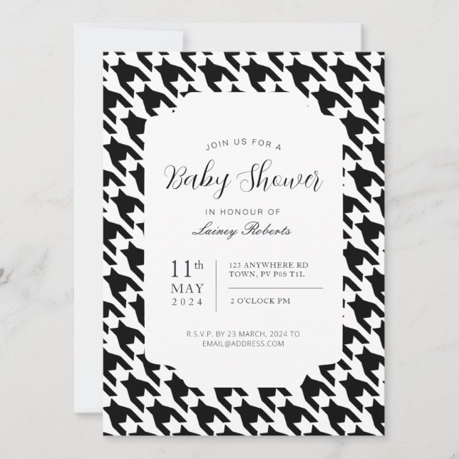 Invitación Clásico Houndstooth Geométrico Blanco y Negro (Anverso)
