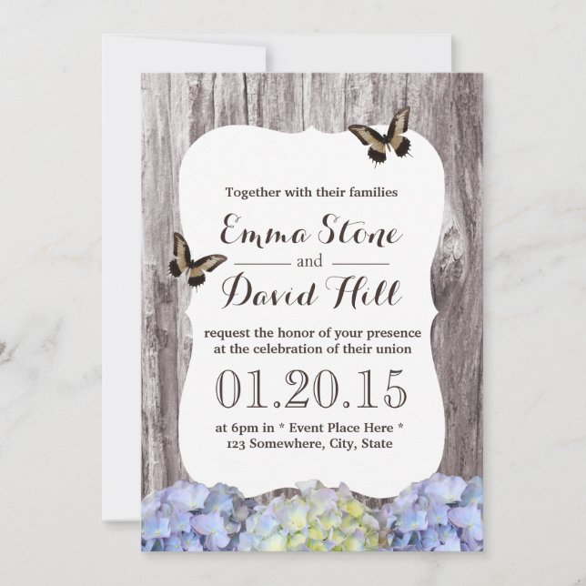 Invitación Clásico Hydrangea Flores Boda de fondo maderero (Anverso)
