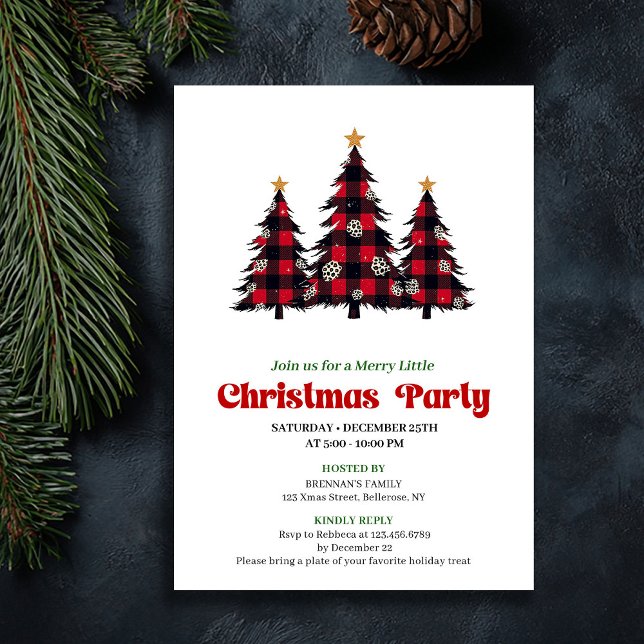 Invitación Clásico Invitable de Fiesta Navideña de Cuadro Esc (Classic Red Black Plaid Holiday Party Printable)