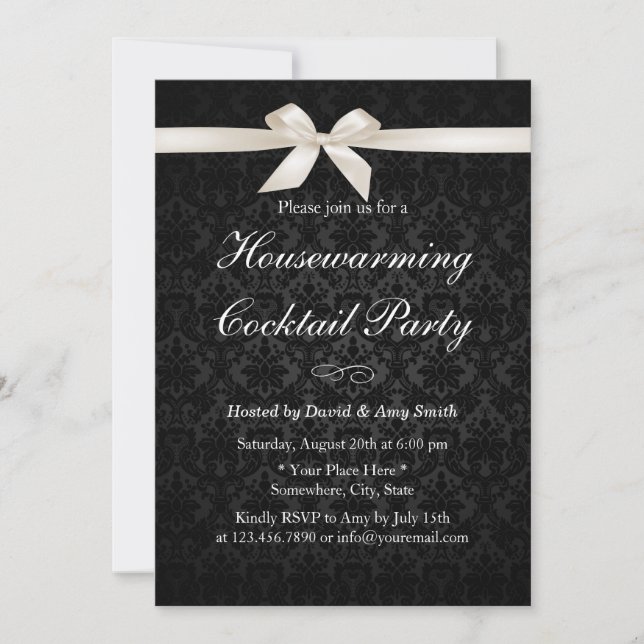 Invitación Clásico Ivory Ribbon Dark Damask Fiesta (Anverso)