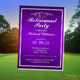 Invitación Clásico Jubilación Tema Golf Morado Blanco