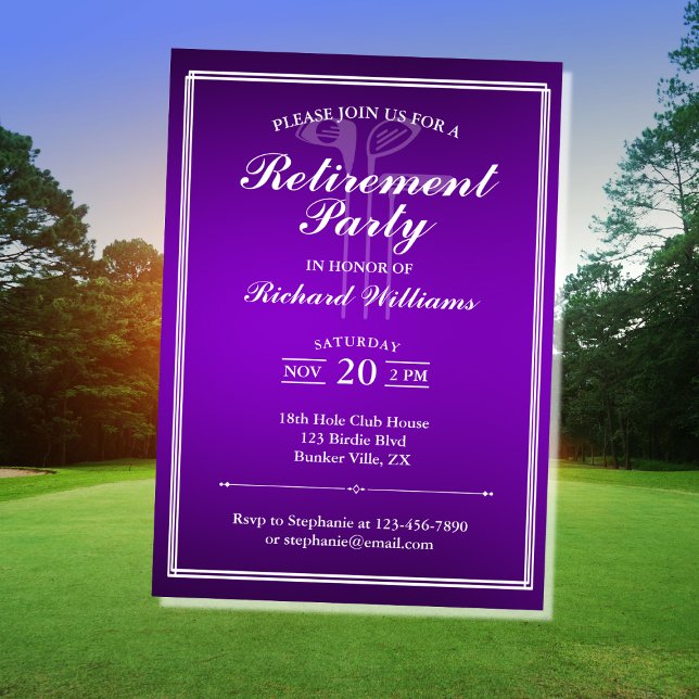 Invitación Clásico Jubilación Tema Golf Morado Blanco (Subido por el creador)
