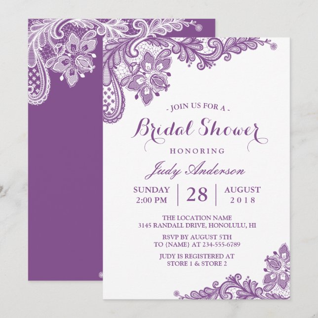Invitación Clásico Lavender Purple Moderno Lace Bridal Shower (Anverso / Reverso)