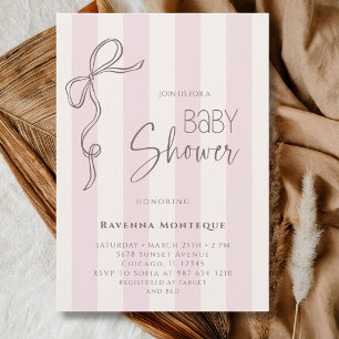 Invitación Clásico lazo rayado rosa perla vintage baby shower