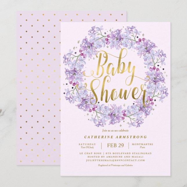 Invitación Clásico Light Purple Gold Floral Baby Shower (Anverso / Reverso)