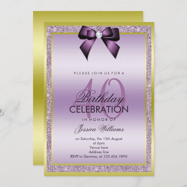 Invitación Clásico Lilac Bow & Sparkly Purpurina 40 cumpleaño (Anverso / Reverso)