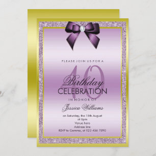 Invitación Clásico Lilac Bow & Sparkly Purpurina 40 cumpleaño