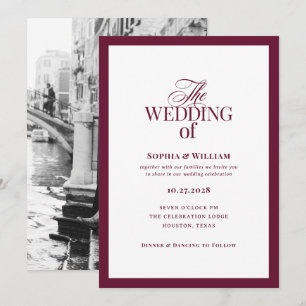 Invitación Clásico Lujo Boda Blanca y Borgoña Fotografía