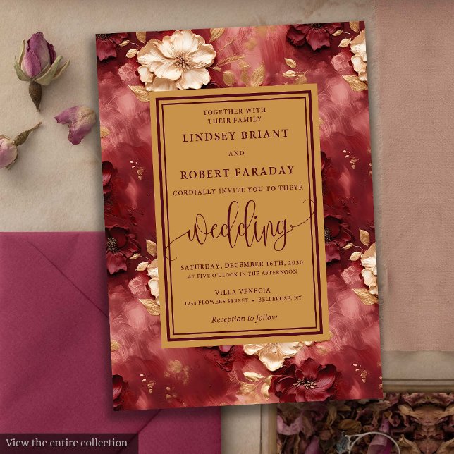 Invitación Clásico Lux Dark Red Gold Boda Floral Invita (Classic Lux Dark Red Gold Floral Wedding Invitation)