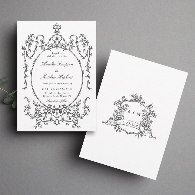 Invitación Clásico Marco Negro y Blanco Boda            (Front & Back)