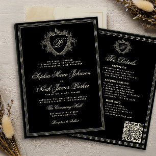 Invitación Clásico marfil negro QR monograma formal boda 