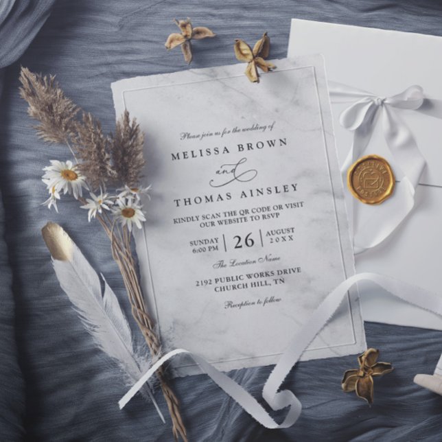 Invitación Clásico Mármol Simple Elegante Chic Código QR Boda (Subido por el creador)