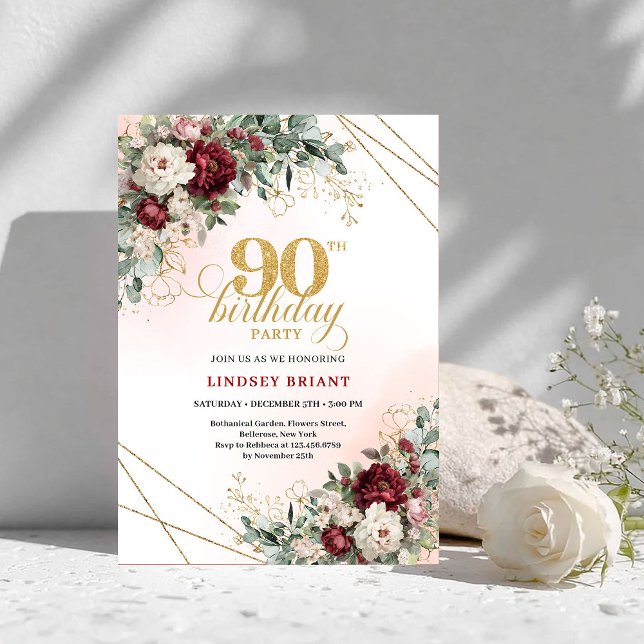 Invitación Clásico Marsala Floral Verde Cumpleaños 90 (Classic Marsala Floral Greenery 90th Birthday)