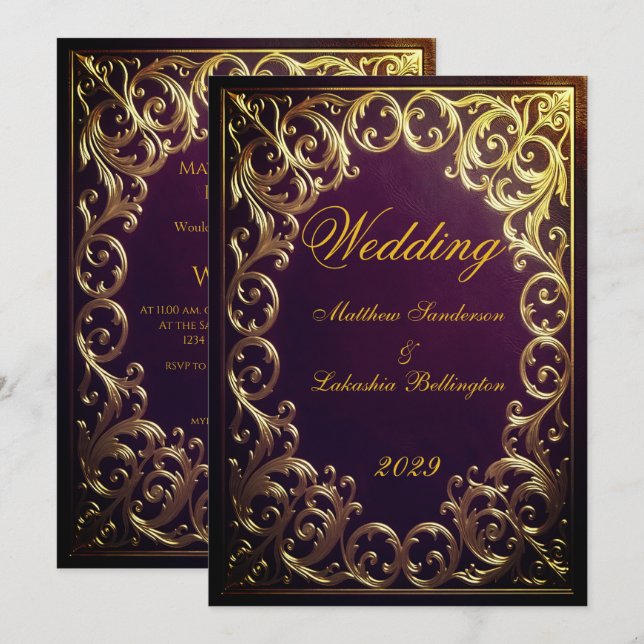 Invitación Clásico Matrimonio Boda Oro Granate (Anverso / Reverso)