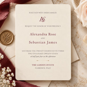 Invitación Clásico Merlot Borgoña Monograma Boda