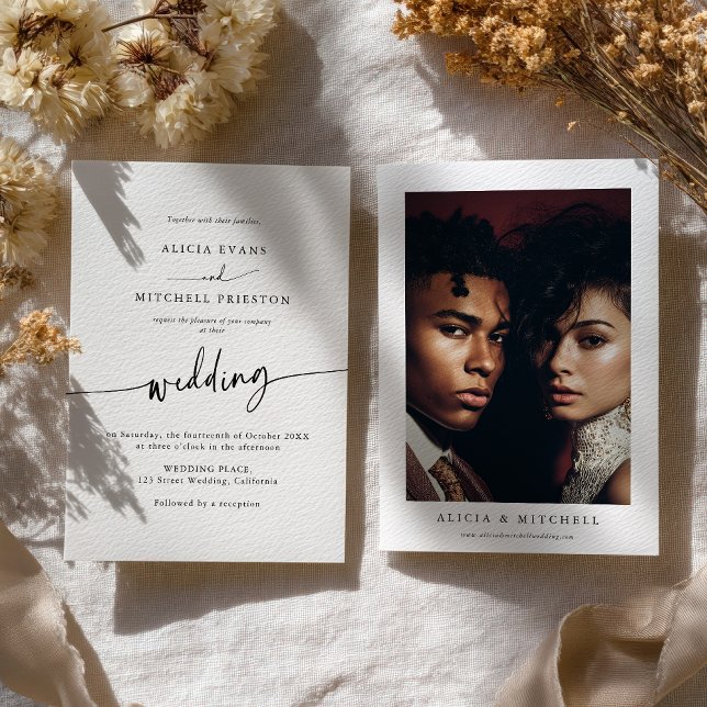 Invitación Clásico Minimalista Boho Letra de Boda Foto (Classic Boho Minimalist Script Wedding Photo Invitation)