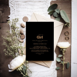 Invitación Clásico Minimalista Oro Negro Es Una Niña Baby Sho