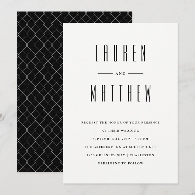 Invitación Clásico moderno | Boda blanco y negro (Anverso / Reverso)