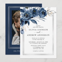 Clásico Moderno Boda Foto Floral Azul Marino