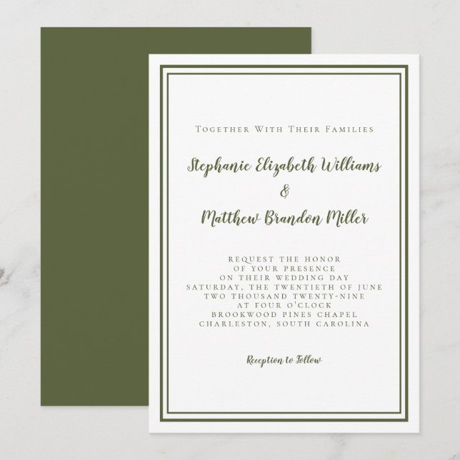 Invitación Clásico Moderno Boda simple de oliva verde y blanc (Anverso / Reverso)