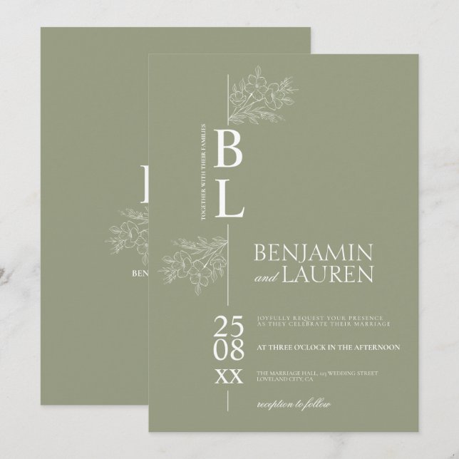 Invitación Clásico Moderno Elegante Boda Verde De Sabor Flora (Anverso / Reverso)