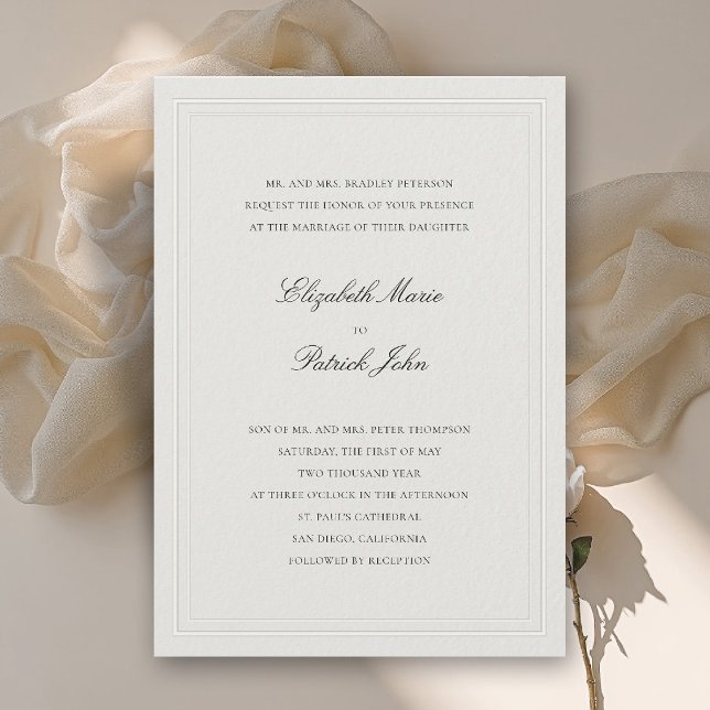 Invitación Clásico Moderno Formal Marco Tandem Ecru Boda (formal wedding invitation modern classic double frame elegant ecru calligraphy parents host)