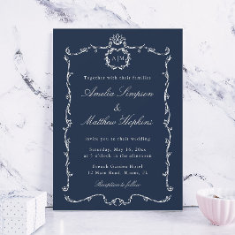 Invitación Clásico Moderno Marco Francés Boda Azul Marino