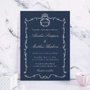Invitación Clásico Moderno Marco Francés Boda Azul Marino
