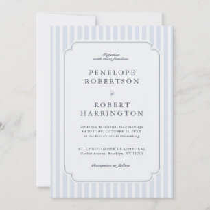 Invitación Clásico Moderno Rayas Azul Polvo Código QR Boda