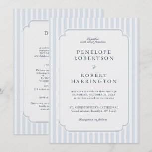 Invitación Clásico Moderno Rayas Azul Todo en uno Boda